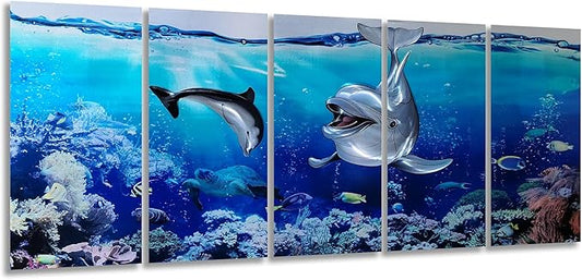 SYGALLERIER Dolphin Metal Wall Art Hand Crafted Coastal Aluminum Artwork in 5 Pieces, Modern Sea Pictures Sculpture for Living Room Bedroom Bathroom Decor