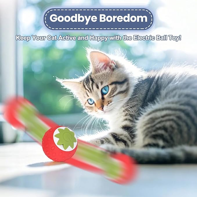 2Pcs Self-Moving Electric Cat Toy Ball with LED - Automatic Interactive Cat Toys for Indoor Cats, Smart Strawberry Design Stimulates Hunting Instincts, Boredom Relief & Exercise for Solo Play