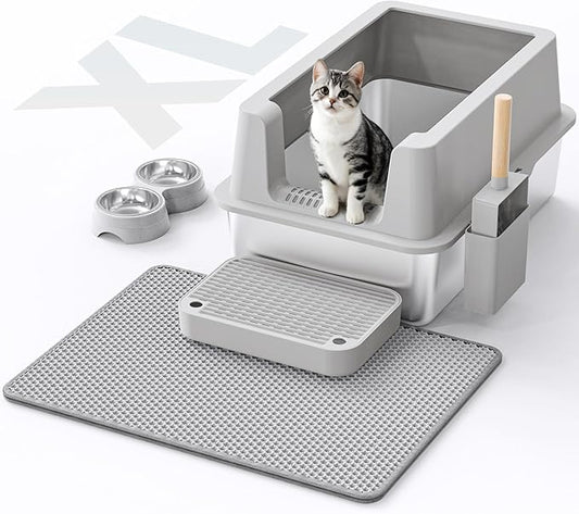 Stainless Steel Cat Litter Box - Enclosed XL Metal Kitty Litter Box with Lid for Big Cats, High Sided, Anti-Leakage, Easy Cleaning, Non-Sticky, Included Litter Mat, Cat Bowl & Spoon
