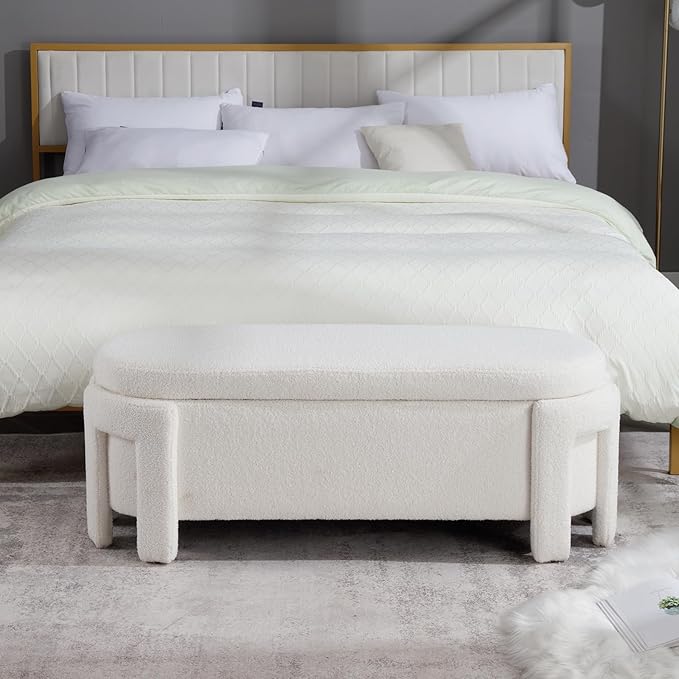 Modern Upholstered Storage Bench, Boucle Sherpa Fabric 50" Long Entryway Bench with Storage and Seating, Comfy Cute Ottoman Bench for Living Room/End of Bed/Hallway, White