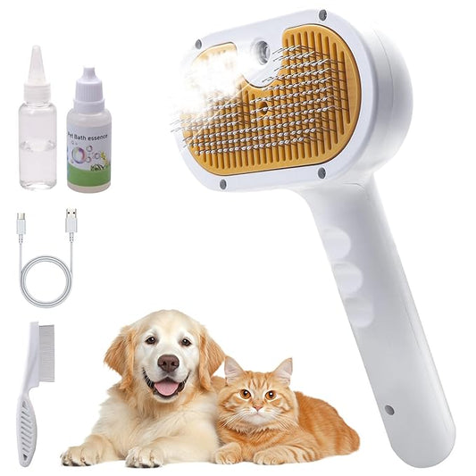 Pet Steam Brush for Cats and Dogs, 4 in 1 Spray Depilatory Comb, Cat Brush with Self-cleaning and Massage Functions Perfect for Long-haired and Short-haired Pets