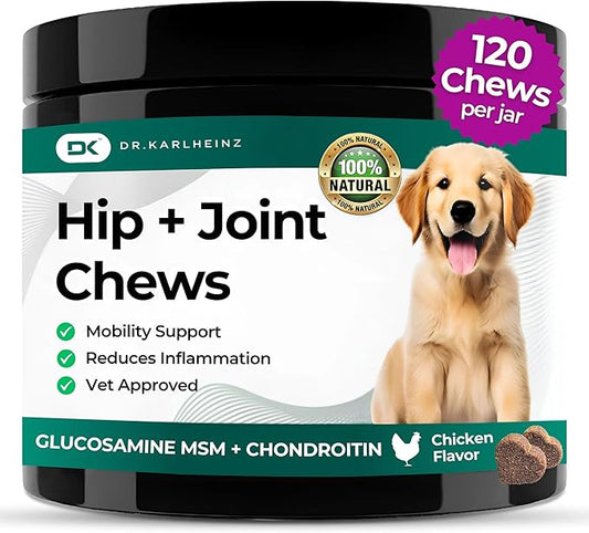 Glucosamine for Dogs - Max Strength Hip and Joint Supplement for Dogs - MSM, Chondroitin, Hemp Oil, Turmeric - Mobility Support and Pain Relief - 120 Chewable Tablets (Chicken Flavor)