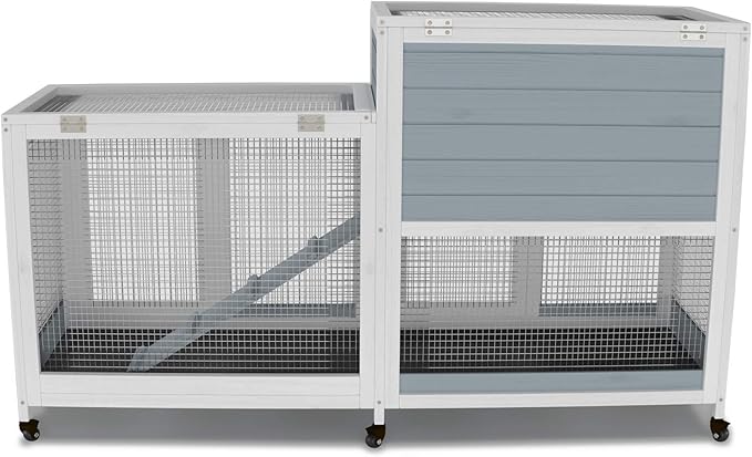 GDLF Two Floors 58" Wooden Indoor Bunny Hutch Rabbit Cage on Wheels Guinea Pig PET House for Small to Medium Animals Waterproof No Leak Tray