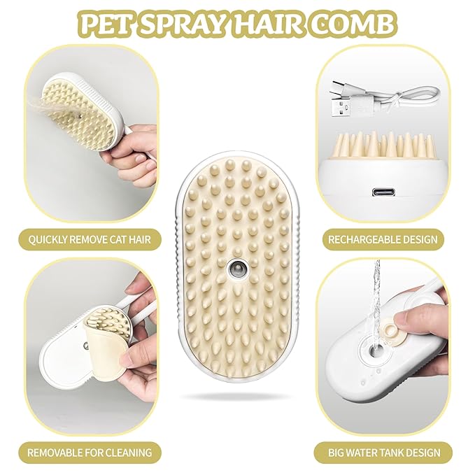 3-in-1 Rechargeable Steam Brush for Cats & Dogs - Anti-Static Spray Pet Grooming Brush with Warm Mist Massage, Hair Shedding Control, Detangling Comb & Cleaning Tool for Effective Deshedding