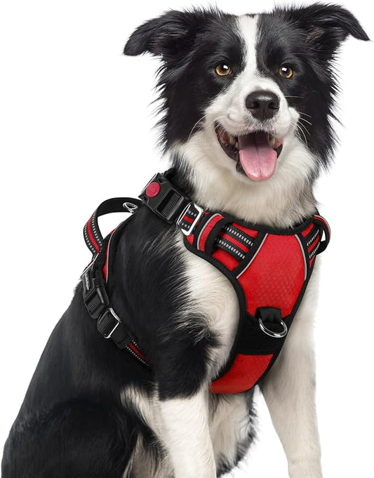 rabbitgoo Dog Harness Medium Sized, No Pull Dog Vest with 3 Buckles, Adjustable Soft Padded Pet Harness with Easy Control Handle and Reflective Strips, Red, M