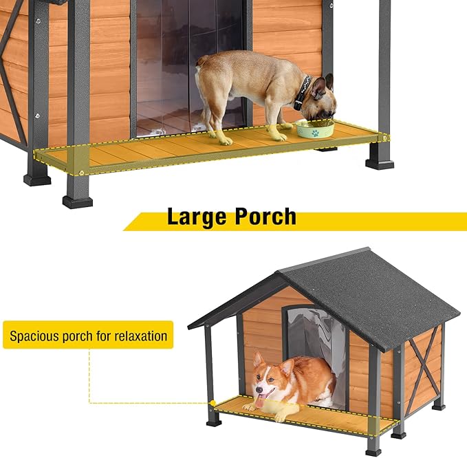 Aivituvin Dog House with Anti-Chewing Metal Frame Outdoor Large Wooden Dog Kennel Outside with Overhang Roof Large Porch Weatherproof