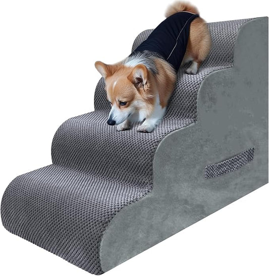 PAWSCART Dog Stairs for Small Dogs and Cats, 4-Step Dog Steps for Bed, 19.6" H Pet Stairs for High Bed, Pet Ramp for Couch, Sofa, Non-Slip Surface Removable Washable Cover, Grey