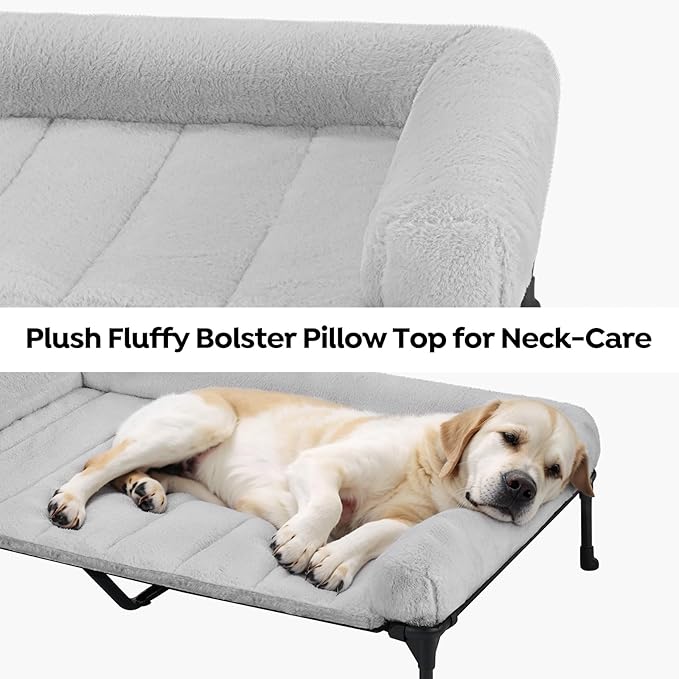Veehoo Cooling Elevated Dog Bed with Fluffy Plush Bolster Cushion, Indoor Raised Dog Beds for Large Dogs, Soft Pet Sofa Cot with Removable Washable Mat, No-Slip Feet, 49 x 33 inches, Grey