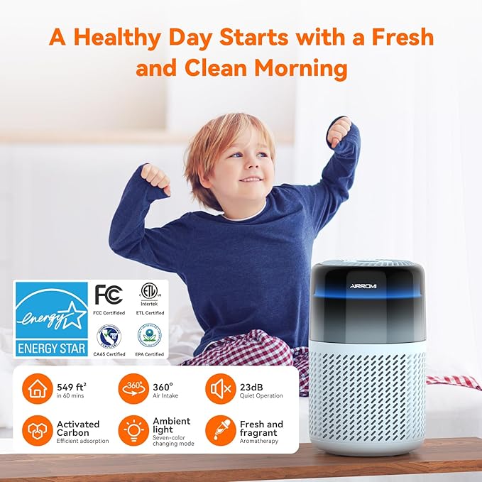 AIRROMI Air Purifier for Bedroom Home,HEPA Filter,Covers Upto 549 Ft²,Quiet 360°intake Air Cleaner with Fragrance ponge for Better Sleep,Night Light,Filters Smoke,Pet Dander,Allergies,Dust,A2005 Blue