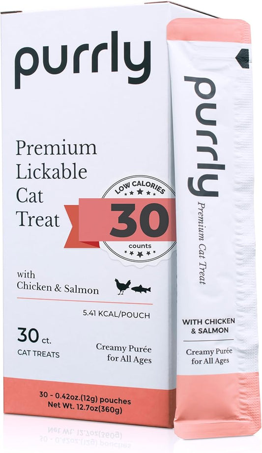 Purrly Hydrating Wet Cat Treat Snack Topper Creamy Purée Human-Grade Chicken Breast & Salmon with Omega-3 & 6 for Skin & Coat (30 Count) Healthy Lickable Squeeze Soft Snack