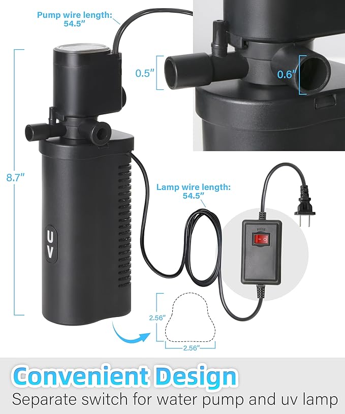 COOSPIDER Aquarium Filter U-Very Suitable for 10-45 Gallon Tank, 158GPH Small Fish Tank Filters for Green Control, Powerful Internal Submersible Pump for Turtle Tank, Air Supply & Oxygen Enhancement