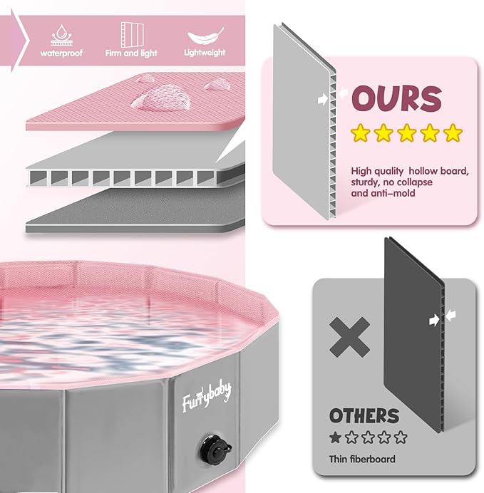 Furrybaby Dog Pool, Kiddie Pool Hard Plastic, Collapsible Pet Bath Foldable Swimming Pet Pool Portable Pink 32''