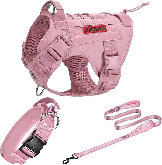 OneTigris Pink Dog Harness Leash Collar Set,Adjustable Dog Vest Harness for Walking Hiking Training(Medium)