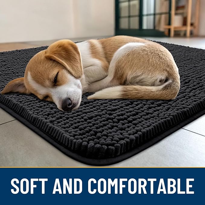 Smiry Dog Door Mat for Muddy Paws 36x24, Absorbs Moisture and Dirt Doormat, Non-Slip Washable Quick Dry Chenille Front Door Mat Indoor Entrance, Entryway Carpet for Inside Floor, Black