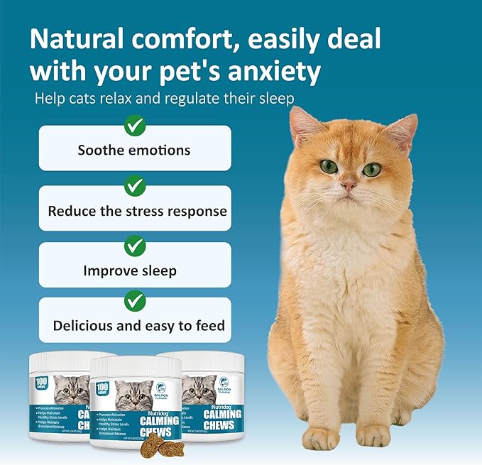 Cat Calming Treats - 100 Count Salmon Chews with Organic Chamomile & Ginger, Stress Relief Supplement for Separation Anxiety, Vet Visits & Thunderstorms (Salmon)