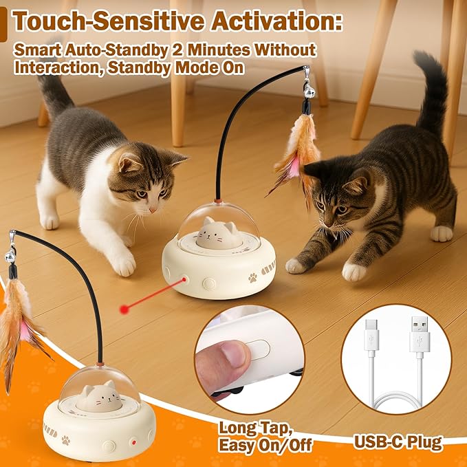 AIERSA Interactive Cat Toys for Indoor Cats, Automatic Enrichment Toy with LED Light and Feather for Cats and Kittens, Moving Self Play Stimulation Toy for Cat Lover Gifts