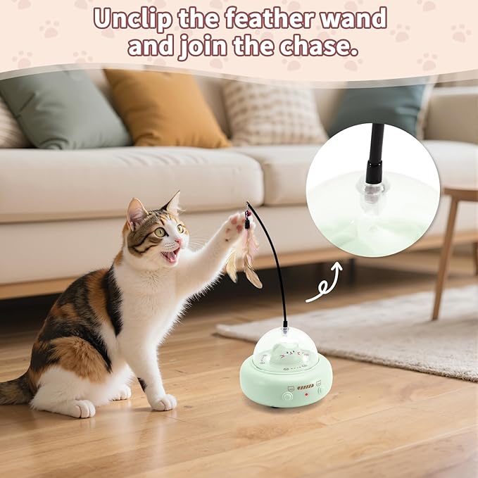 Automatic Cat Toys with Feathers, Interactive Cat Toy for Indoor Exercise, Rechargeable Teasing Toys for Indoor Cats, USB Powered, Smart Standby&Obstacle Avoidance(Green)