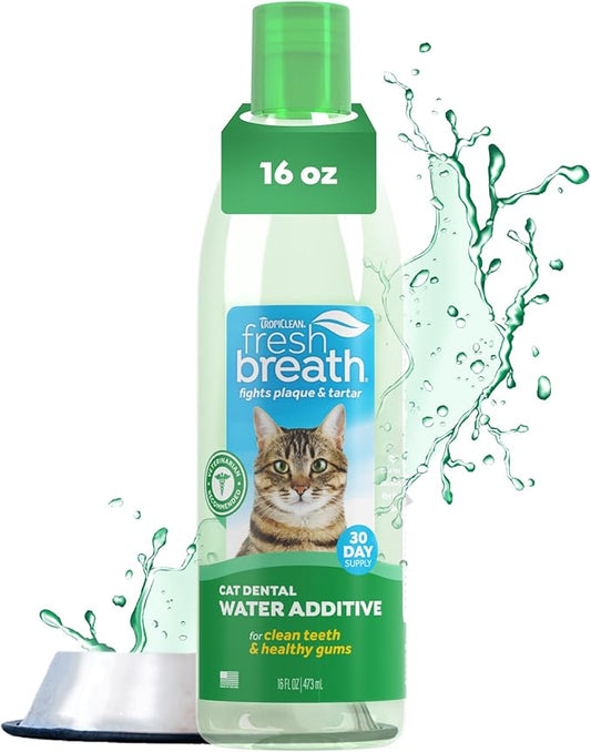 TropiClean Fresh Breath Water Additive for Cats, Cat Teeth Cleaning and Breath Freshener Solution, Complete No Brushing Dental Care, 16 oz.