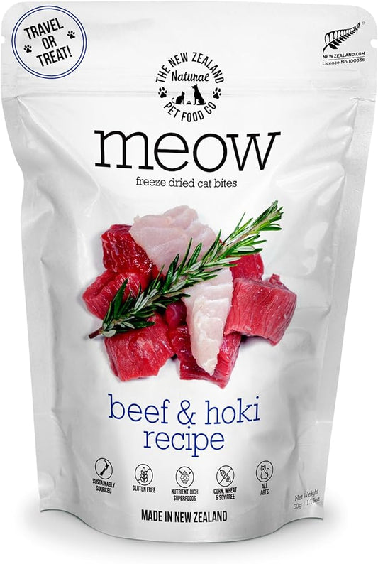 Meow Freeze Dried Cat Food - Beef & Hoki Recipe, High Protein Cat Treats, Meals & Toppers, Dry Cat Food,1.76 oz