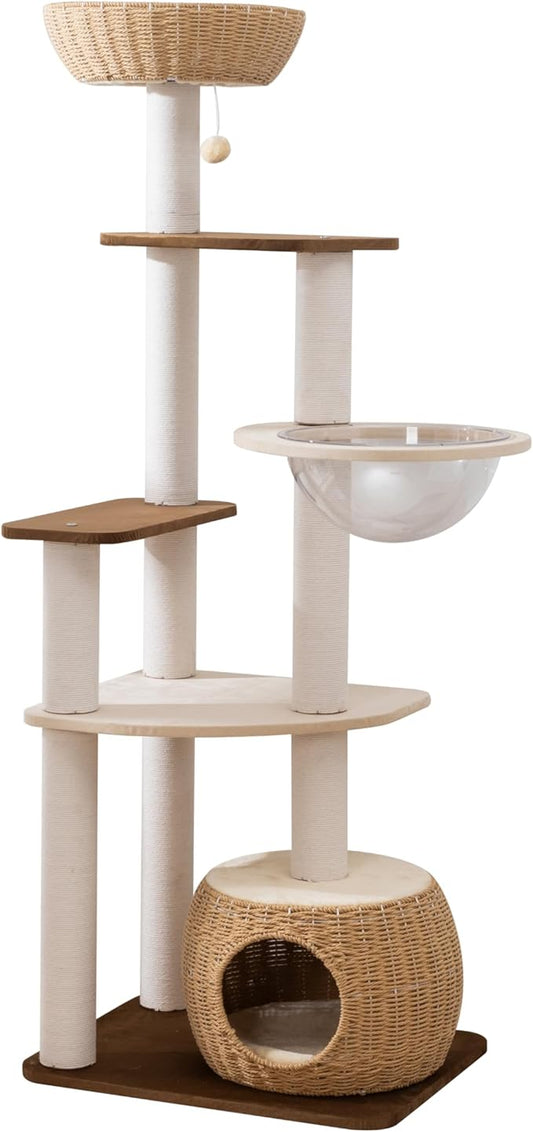 Wooden Cat Tower for Large Cats, 63’‘ Modern Multi-Level Condo with Natural Wood, Indoor Cat Furniture for Medium and Big Pets (White 81007DD)