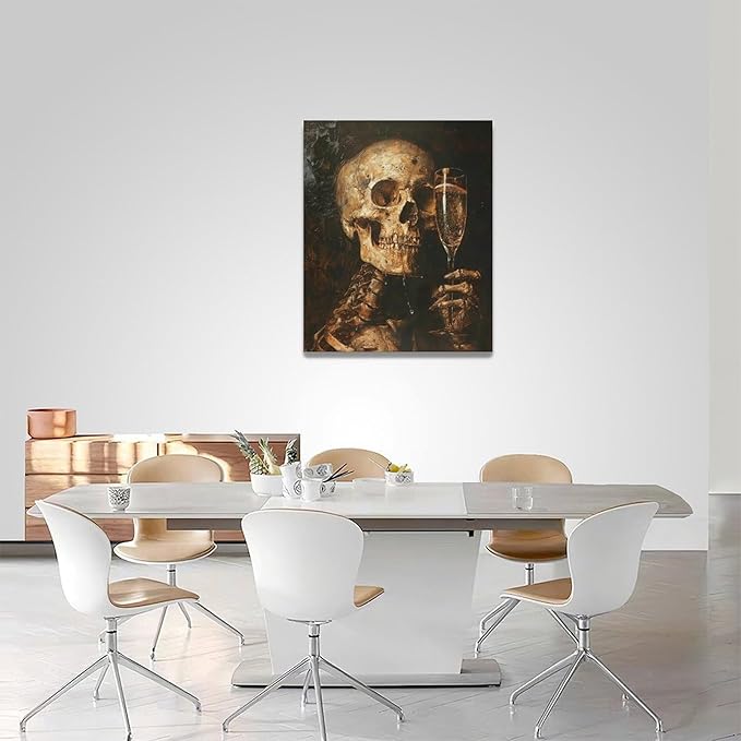 Quorin Gothic Skeleton Wall Art Goth Skull Champagne Wall Decor Dark Academia Pictures Horror Canvas Print Painting Artwork for Bathroom Living Room Bedroom 16"x20"