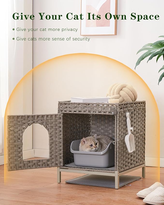 Cat Litter Box Enclosure Hidden Litter Box Furniture with Metal Heightened Feet, Rattan Handwoven Cat House with Litter Mat, Hidden Litter Box Furniture for Bedroom Living Room Gray