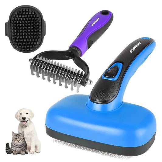 Dog Brush Kit – 3 PCS Grooming Set with Self-Cleaning Brush, Undercoat Rake & Pet Bath Brush. Great for Shedding, Tangles & Dirt Removal – Ideal for Long & Short Haired Dogs & Cats, Blue