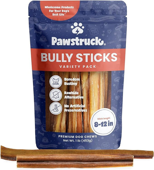 Pawstruck Natural 8–12" Bully Sticks for Dogs – Long-Lasting, Rawhide-Free, Low-Odor, Grain-Free Dental Chew Treat – Single Ingredient, 100% Real Beef – 1 lb Bag – Packaging May Vary