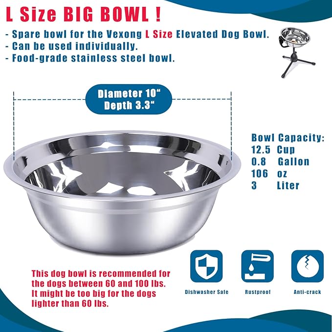 2 Pack, L Size Bowls, Matches Vexong L Size Elevated Dog Bowl Stand, for Dogs Between 60 and 100 lb, Stainless Steel Dog Bowl, Capacity 0.8 Gal / 12.5 Cup / 106 Oz / 3 Liter, Rustproof, Durable,