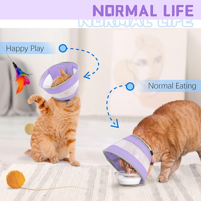 Breathable Air Mesh Cat Cone Collar Soft to Stop Licking, Adjustable, Foldable Lightweight Kitten Cones After Surgery Recovery for Cats & Kittens (Purple, M)