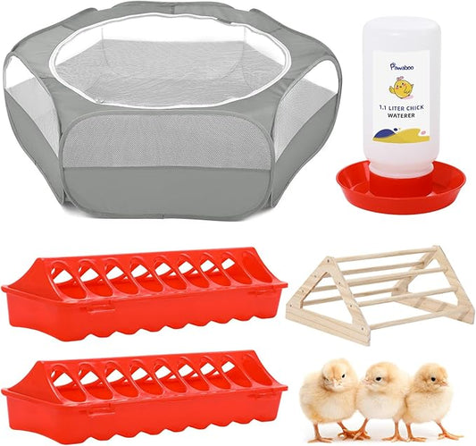 Pawaboo 5-in-1 Chicken Brooder Box for Chick Starter Kit, Includes Pet Cage Tent, Chicks Perch, Chicks Feeder, 1.1L Chick Waterer, Baby Chicken Supplies (Brooder Set), Gray