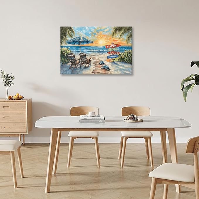 Beach Ocean Bathroom Pictures Wall Art, Seaside Coastal Bathroom Wall Decor, Sunrise Framed Painting Canvas Artwork for Bedroom Living Room Decorations 24"L x 16"W