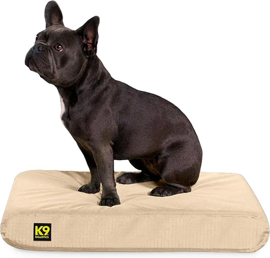 K9 Ballistics Tough Rip-Stop Orthopedic Rectangle Dog Bed Removable Washable Cover, Solid Orthopedic Foam for Size S Dogs 24"x18", Sandstone