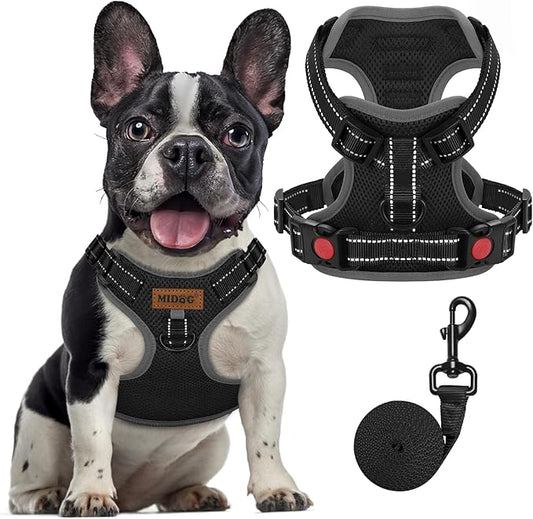 MIDOG No-Pull Dog Harness | Adjustable & Reflective Pet Harness Leash Set for Small Medium Large Dogs Walking, Training| No Choke, Front Clip, Soft Padded Vest with Easy Control Handle - Black, M