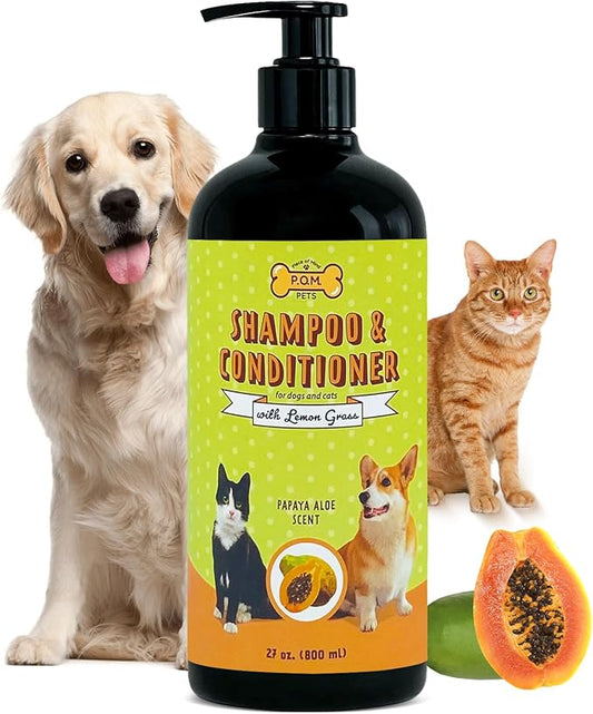 POM Pets 2-in-1 Organic Dog Shampoo & Conditioner – Itchy Skin Relief, Dog Deshedding, Detangles Fur, Cat Shampoo, Paw Cleaner for Dogs, Natural Coat Defense Formula