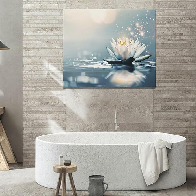 Bathroom Lotus Wall Art Floral Pictures Zen Meditation Wall Decor Yoga Spa Spiritual Canvas Print Painting Artwork for Bathroom Restroom Living Room Bedroom 20"x24"