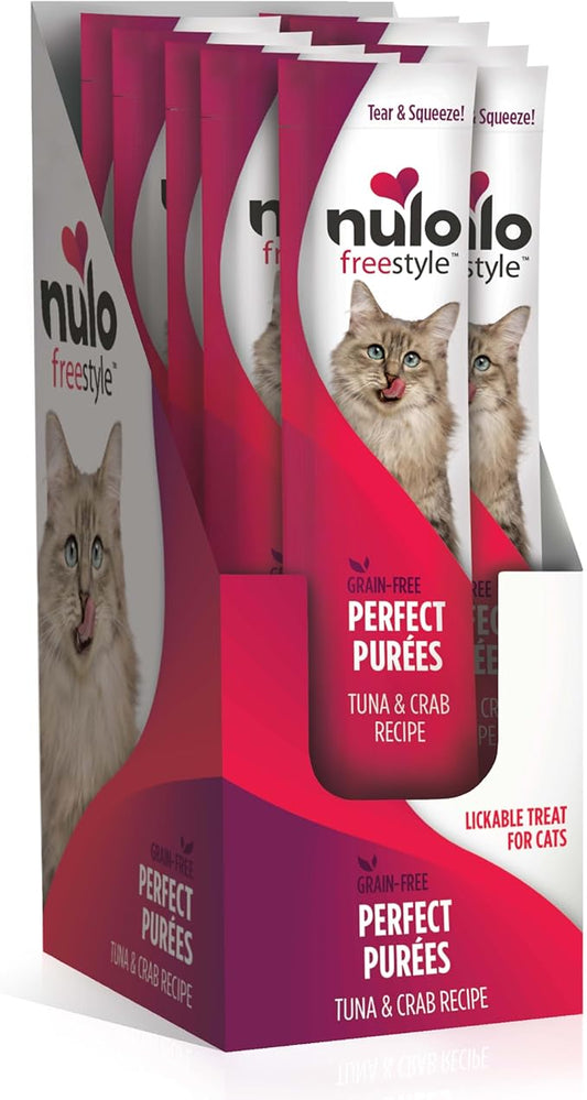 Nulo Freestyle Grain-Free Perfect Purees Premium Wet Cat Treats, Squeezable Meal Topper for Felines, High Moisture Content to Support Cat Hydration, 0.5 Ounce, Tuna & Crab (Pack of 48)