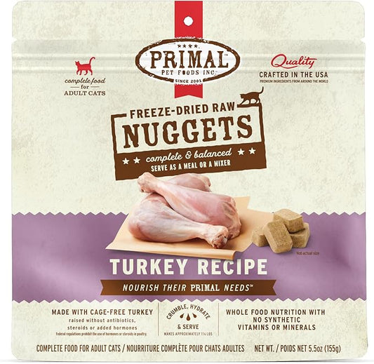 Primal Freeze Dried Raw Cat Food Nuggets Turkey, Complete & Balanced Meal or Topper, Premium, Healthy, Grain Free, High Protein Raw Cat Food with Probiotics (5.5 oz)