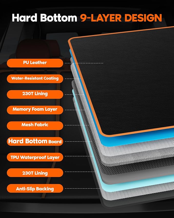 6-in-1 Leather Dog BackSeat Extender, Hard Bottom 40/60 Split Waterproof Car Back/Front Seat Cover, Rear Hammock Carseat Protector, Large Size Pet Mat for SUV/Truck/Cargo, Vehicle Bed Travel Accessory