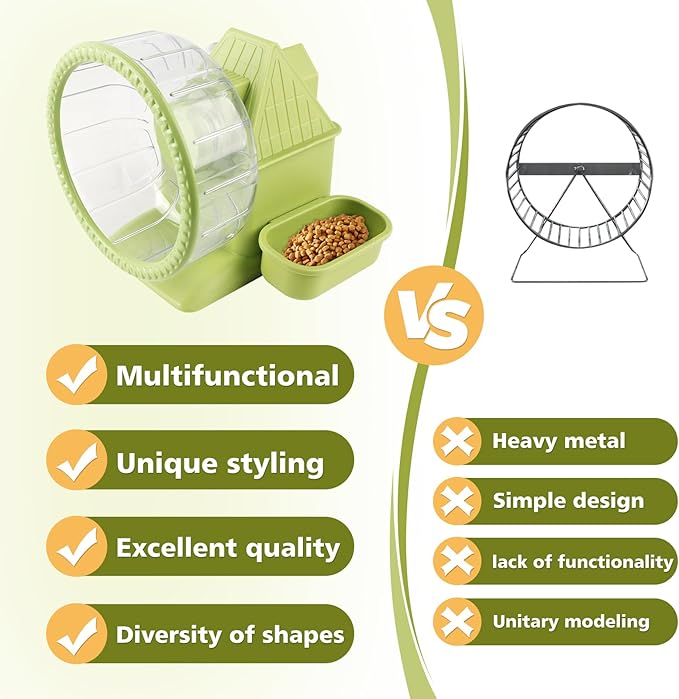 4 in 1 Silent Large Hamster Wheel Multifunctional Hamster Running Wheel Quite Running Spinner Wheel Accessories with Food Bowl Water Bottle for Hamsters Dwarf Gerbil (Green)