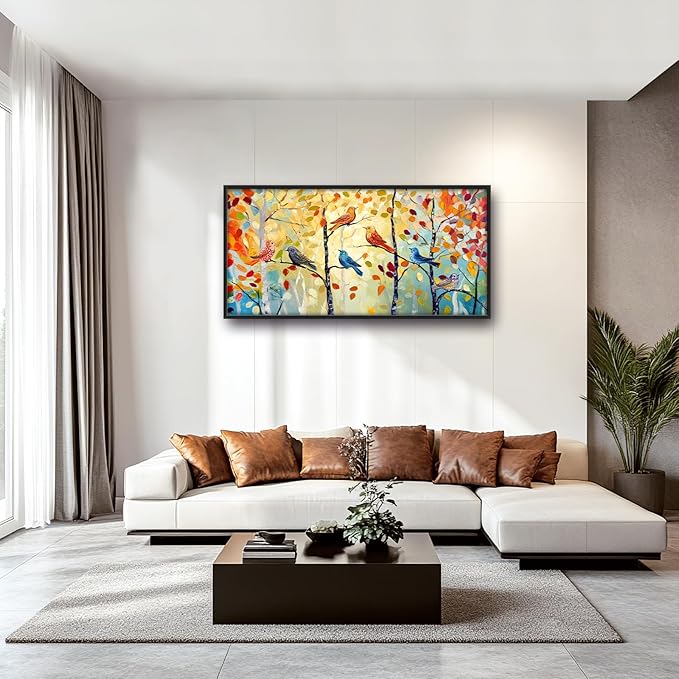 Extra Large Framed Abstract Bird Forest Wall Art,Colorful Birds Birch Tree Wall Decor Pictures for Living Room,Canvas Print Painting Modern Artwork Bedroom Office Bathroom Home Decor 60L x 30W