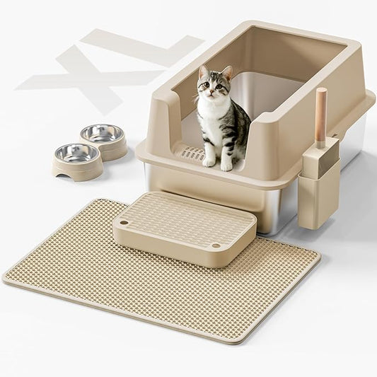 Stainless Steel Cat Litter Box - Enclosed XL Metal Kitty Litter Box with Lid for Big Cats, High Sided, Anti-Leakage, Easy Cleaning, Non-Sticky, Included Spoon & Aisle (Khaki)
