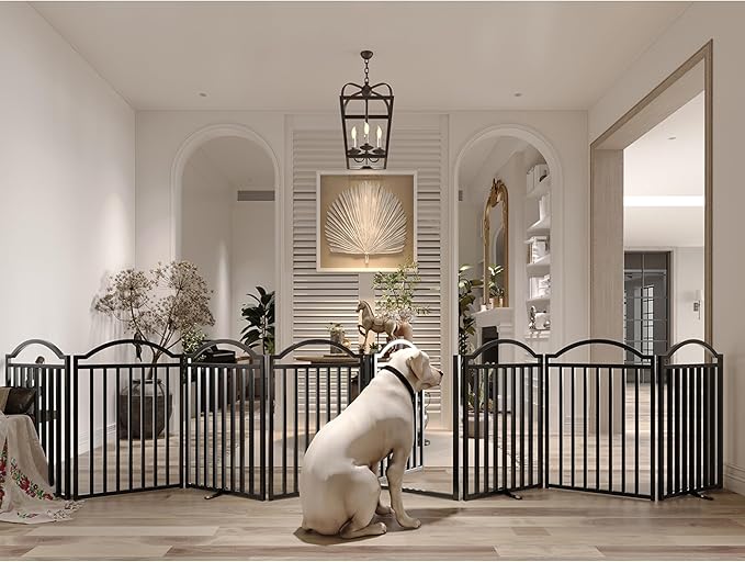 BHG Metal No-Assembly Freestanding Dog Gate with Door Walk Through, Extra Wide 96", Extra Tall 32" Pet Gate, Accordion Puppy Folding Playpen Dog Fence, with 2PCS Support (Black, 8 Panels)