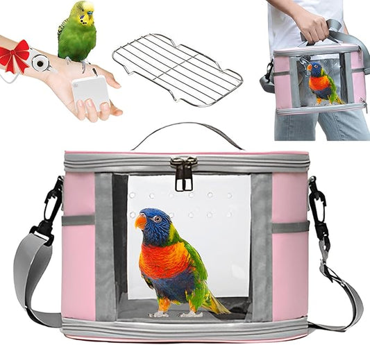 Bird Travel Carrierm, Small Bird Travel Backpack Carrier Cage with Tray and Breathable Clear Window, for Parakeet Cockatiel Budgies, for Camping Hiking (Large-Pink)
