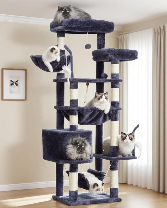 Cat Tree, Cat Tower for Large Cats with 2 Big Platforms, 2 Baskets, condo and Toys, 63" Cat Scratching Posts for Indoor Cats, Smoky Gray GCT020G