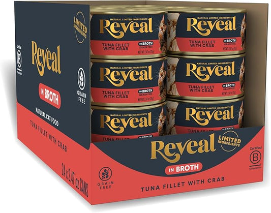 Reveal Natural Wet Cat Food in Broth, Limited Ingredient Grain Free Canned Cat Food, Protein with No Artificial Additives, Tuna with Crab in Broth (24 x 2.47 oz Cans)