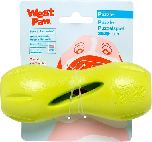 West Paw Zogoflex Qwizl Dog Puzzle Treat Toy – Interactive Chew Toy for Dogs – Dispenses Pet Treats – Brightly-Colored Dog Enrichment Toy for Aggressive Chewers, Fetch, Catch, Small 5.5", Granny Smith