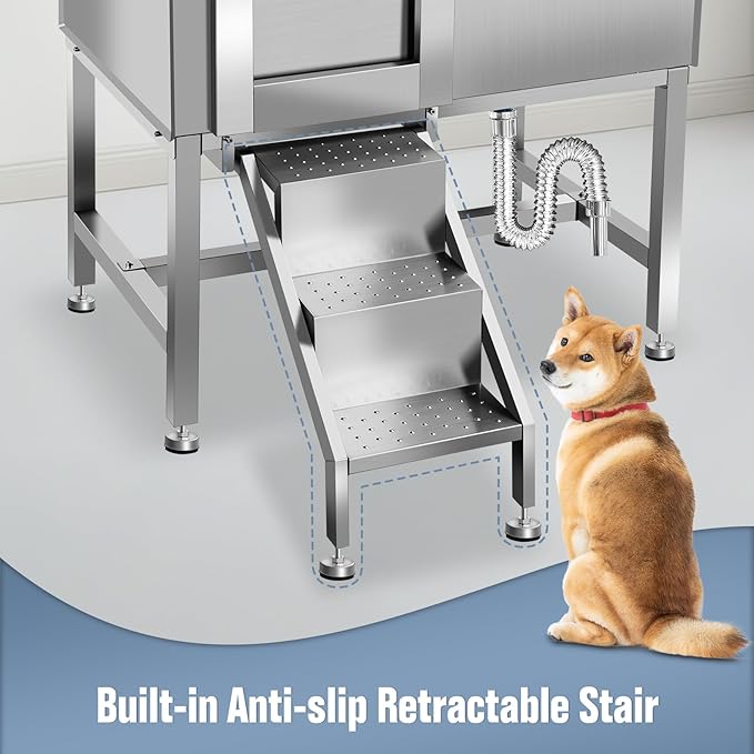 38" Pet Dog Bathing Station W/Ramp, Professional Stainless Steel Dog Grooming Tub W/Floor Grate, Faucet, Dog Bathtub for Large,Medium, Small Pets, Washing Sink for Home,L-RAMP