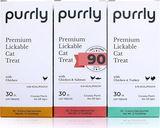 Purrly Low Calorie Premium Lickable Cat Treat Topper Healthy Chicken Variety Bundle (90 Count) Human-Grade Protein Sources with Functional Nutrients Wet Squeeze Creamy Purée Grain-Free Non-GMO