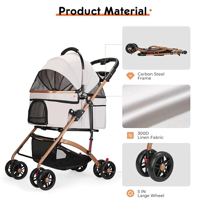 3-in-1 Foldable Pet Stroller for Medium Dogs & Cats (50lbs) - Detachable Carrier, Car Seat, Storage Basket, 5" Lockable Wheels
